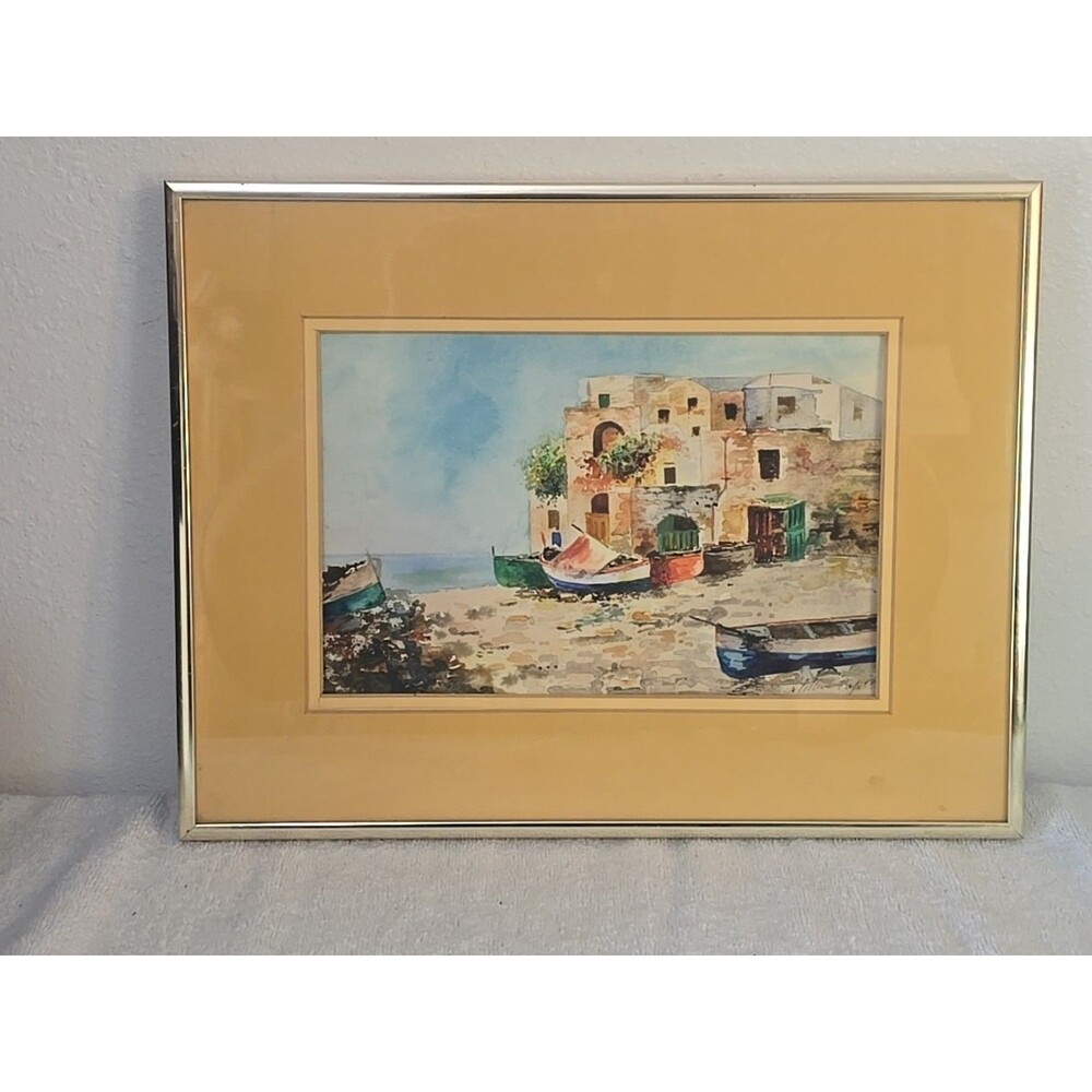 signed watercolor painting 6x9; Framed 13.5x10.5 Mediterranean Boats - Picture 4 of 5